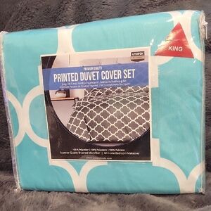 King Size Duvet Cover Set/Lt.Aqua Blue & White Print/ NWT/ Gorgeous!